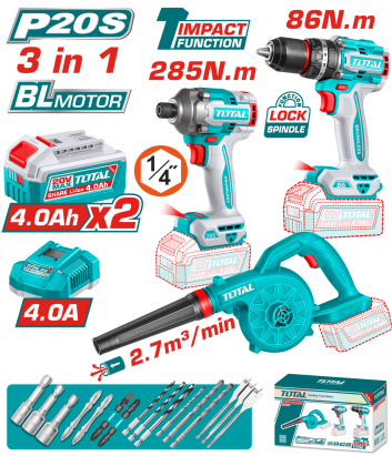 TOTAL - KIT COMBO 20V - MASINA DE GAURIT, MASINA DE INSURUBAT, SUFLANTA (INCLUDE 2 ACUMULATORI , 1 I PowerTool TopQuality