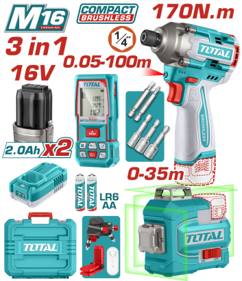 TOTAL - KIT COMBO 16V - MASINA DE INSURUBAT, TELEMETRU LASER, NIVELA LASER (NU INCLUDE ACUMULATOR) PowerTool TopQuality