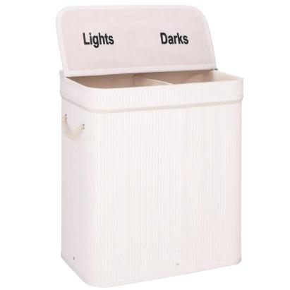 Cos de rufe din bambus cu capac, 2 compartimente, sac detasabil, volum 100L, 54x35x60cm, alb Household NewTrend