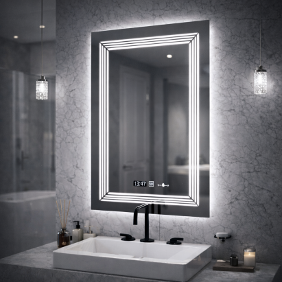 Oglinda LED Rectangulara, 60x80cm, Venezia Senzor MotionGlow Marcello, Sistem Dezaburire, Ceas & Termometru, Dimabila, Lumina Calda Neutra Rece 3000K/4000K/6000K ModernLight Concept