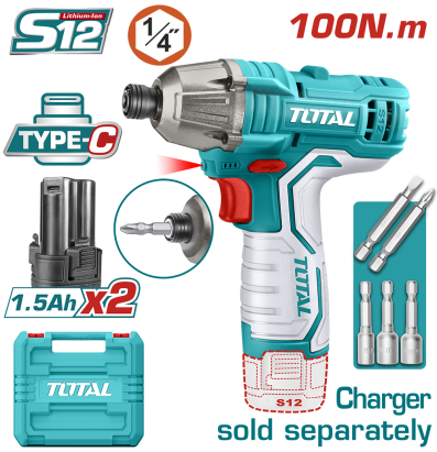 TOTAL - MASINA DE INSURUBAT CU IMPACT SI ACUMULATOR 12V-1.5AH LI-ION (2 ACUMULATORI) -  HEX 1/4 PowerTool TopQuality