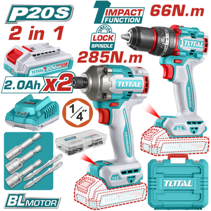 TOTAL - KIT COMBO - 20V - MASINA DE GAURIT CU IMPACT, MASINA DE INSURUBAT CU IMPACT (INCLUDE 2 ACUMU PowerTool TopQuality
