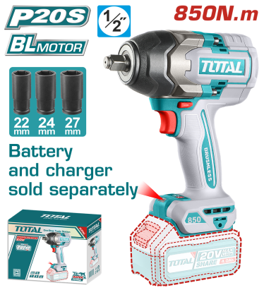 TOTAL - MASINA DE INSURUBAT CU IMPACT - 20V - 850N.m MOTOR FARA PERII (NU INCLUDE ACUMULATOR) - 1/2" PowerTool TopQuality