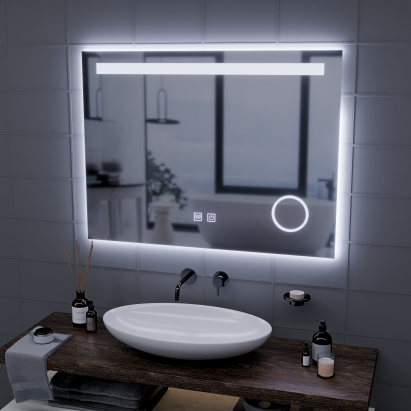 Oglinda LED Rectangulara, 80x60cm, Piano Touch, Sistem Dezaburire, Dimabila, Lumina Rece 6000K ModernLight Concept
