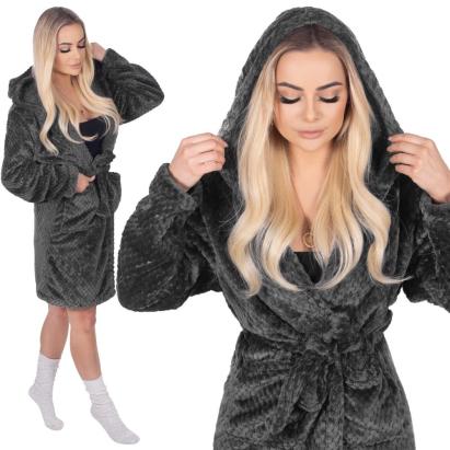 Halat de baie pentru femei pana la genunchi, cu gluga, marimea L/XL, gri inchis Household NewTrend