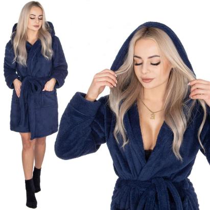 Halat de baie pentru femei pana la genunchi, cu gluga, marimea L/XL, albastru marin Household NewTrend