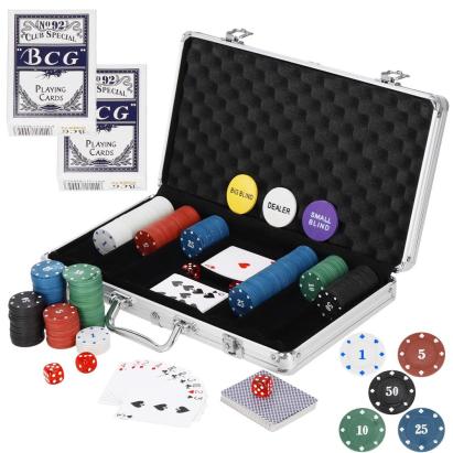 Set de Poker Complex cu 300 de jetoane, 2 seturi de carti, 5 zaruri, in servieta aluminiu Household NewTrend