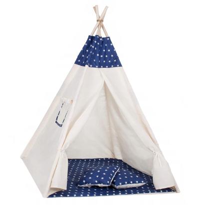Cort copii Sersimo stil indian Teepee Tent cu fereastra, covoras gros si 2 perne, alb albastru inchis cu stelute Household NewTrend