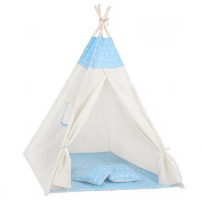 Cort copii Sersimo stil indian Teepee Tent cu fereastra, covoras gros si 2 perne, alb albastru Household NewTrend