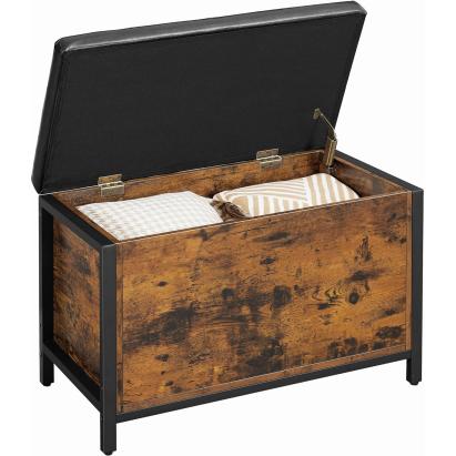 VASAGLE Banca cu lada de depozitare, perna captusita, piele sintetica neagra, 40x80x50cm, maro rustic Household NewTrend