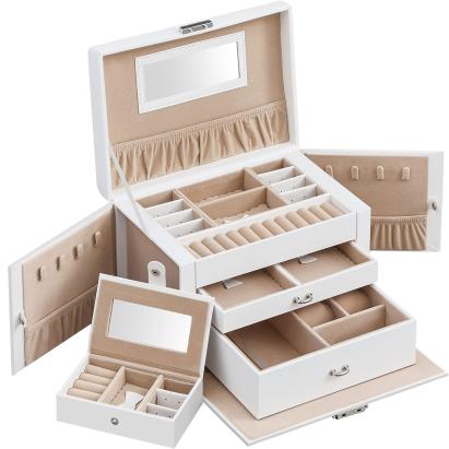 SONGMICS Cutie de bijuterii pe 3 nivele, 2 sertare, maner, inchidere cu cheie, 18x26x17cm, alb Household NewTrend