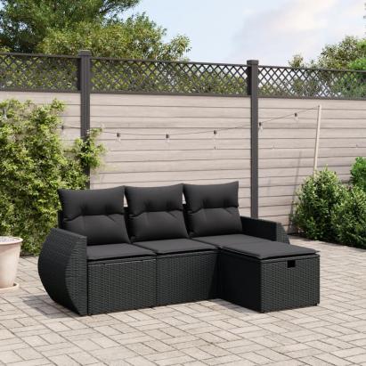 Set mobilier de grădină cu perne, 4 piese, negru, poliratan GartenMobel Dekor