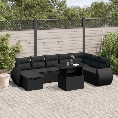 Set mobilier de grădină cu perne, 9 piese, negru, poliratan GartenMobel Dekor