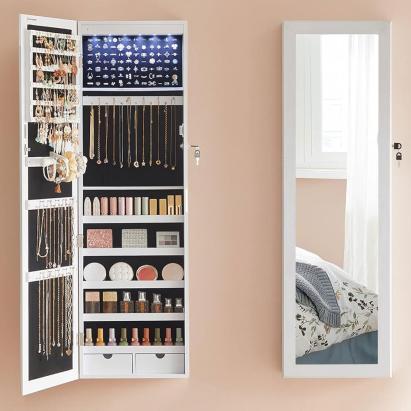 SONGMICS Dulap de bijuterii cu oglinda, montare pe perete, incuietoare, 37x10x120cm, alb Household NewTrend