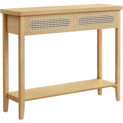 VASAGLE Consola hol 100x30x80 cm, 2 sertare, raft deschis, colturi rotunjite, stil boho, MDF si ratan PVC, bej stejar Household NewTrend