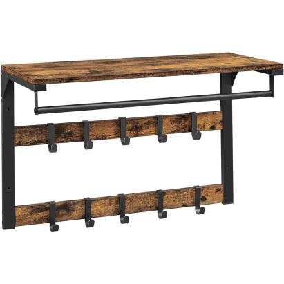 VASAGLE Raft de perete tip cuier, 10 carlige detasabile, sina pentru haine, 30x65x42cm, maro rustic si negru Household NewTrend