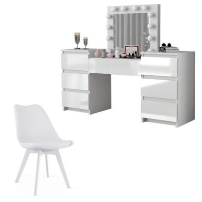 Set masa de toaleta/machiaj Antonia + scaun Mark, alb, sertare lucioase, cu oglinda si LED-uri, 155x42x135 cm GartenVIP DiyLine