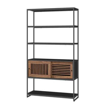 VASAGLE Biblioteca cu 5 rafturi si dulap, rama metalica si finisaj MDF nuc, 100x35x180 cm, negru Household NewTrend