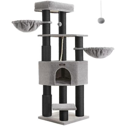 FEANDREA Ansamblu de joaca pisici, cu 9 stalpi de sisal, platforme mari si casuta, 50x50x160 cm, gri Household NewTrend