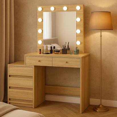 Masa de toaleta si machiaj Adele cu 5 sertare si oglinda 12 LED, 113x47x142 cm, sonoma Household NewTrend