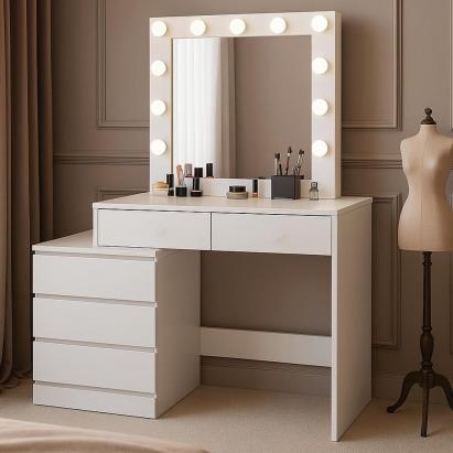 Masa de toaleta si machiaj Adele cu 5 sertare si oglinda 12 LED, 113x47x142 cm, alb Household NewTrend