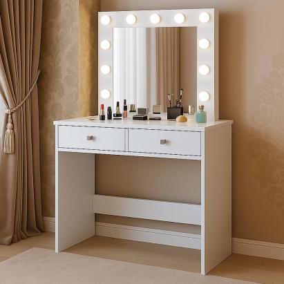 Masa de toaleta si machiaj Mega 12 LED, 100x50x144 cm, cu oglinda iluminata si 2 sertare, alb Household NewTrend