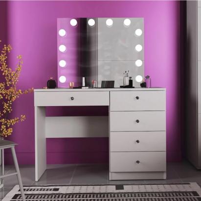 Masa de toaleta si machiaj Cristal Full cu oglinda LED si 5 sertare, 110x47x77 cm, alb Household NewTrend