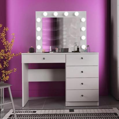 Masa de toaleta si machiaj Cristal 12 LED cu oglinda si 5 sertare, 110x47x77 cm, alb Household NewTrend