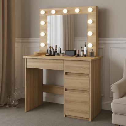Masa de toaleta si machiaj Hollywood cu oglinda LED si 4 sertare, 94x43x140 cm, stejar Household NewTrend