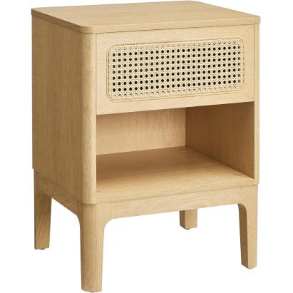 VASAGLE Noptiera 45x40x60 cm, cu sertar aspect ratan si raft, stil boho, PAL si MDF, natur Household NewTrend