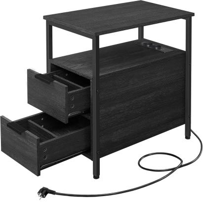 VASAGLE Noptiera 60x35x61 cm, cu 2 sertare, rafturi si priza incorporata, PAL si otel, gri antracit si negru Household NewTrend