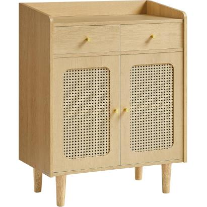 SONGMICS Dulap 70x40x90 cm, cu 2 sertare, raft reglabil si usi duble, MDF si lemn masiv, stil boho, stejar bej Household NewTrend