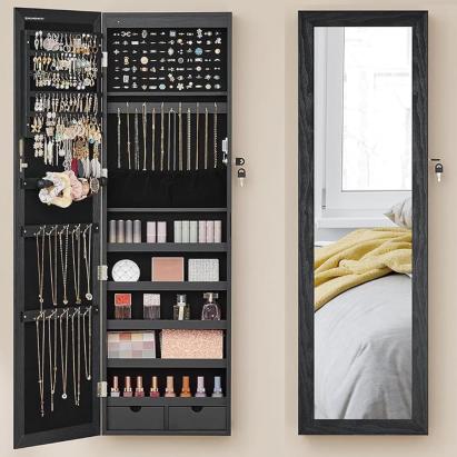 SONGMICS Dulap de bijuterii cu oglinda, din MDF, montare pe perete, 37x10x120 cm, negru Household NewTrend