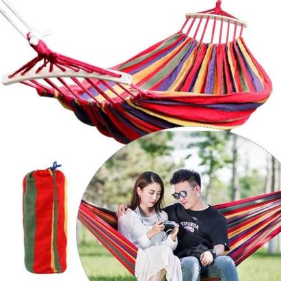 Hamac dublu cu tija din lemn, 150 x 200 cm, capacitate maxima 200 kg, 330g/mp, multicolor MultiMark GlobalProd