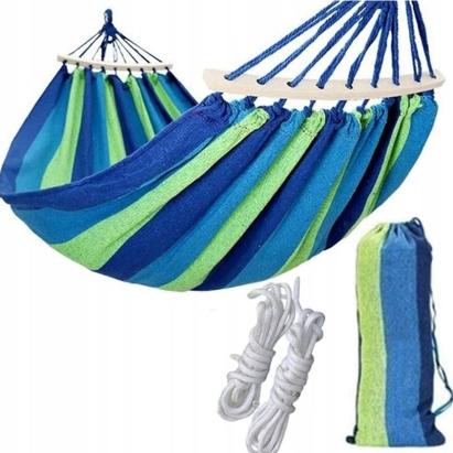 Hamac pentru 2 persoane, 150x200 cm, tija din lemn, maxim 200 kg, husa depozitare, verde/albastru MultiMark GlobalProd