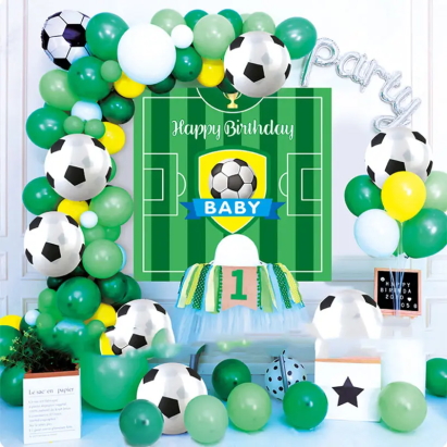 Kit aranjament baloane fotbal, fundal happy birthday, latex si folie de aluminiu, 59 piese MultiMark GlobalProd
