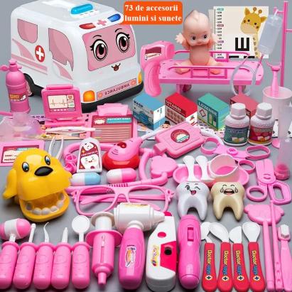 Trusa medicala cu 73 de accesorii pentru copii, ambulanta interactiva cu lumini si efecte sonore, bebelus, roz MultiMark GlobalProd