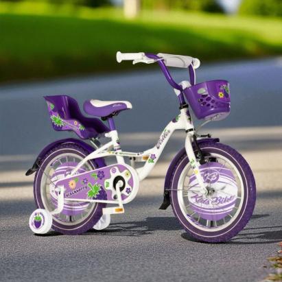 Bicicleta pentru copii, 16 inch, roti ajutatoare, scaun papusi, cos frontal, manere cauciucate, mov blackberry MultiMark GlobalProd