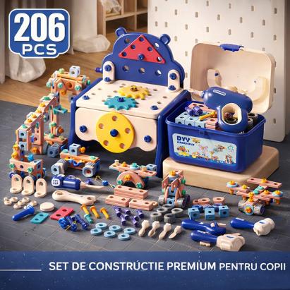 Banc de lucru cu bormasina electrica pentru copii, 206 unelte si piese constructii MultiMark GlobalProd