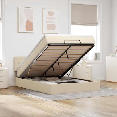 Pat otoman cu saltea și LED-uri crem 140x190 cm țesătură GartenMobel Dekor