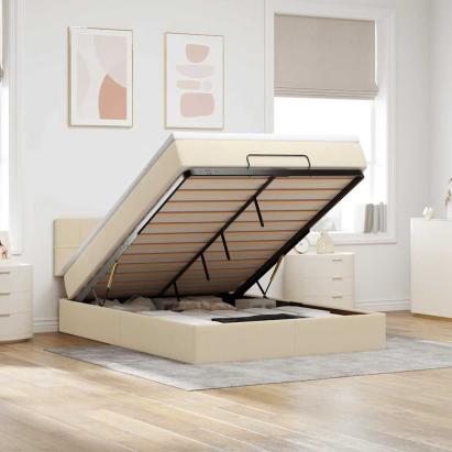 Pat otoman cu saltea și LED-uri crem 140x190 cm țesătură GartenMobel Dekor