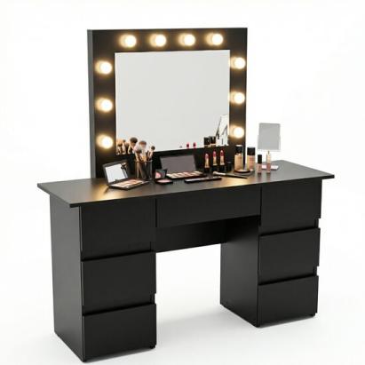 Masa de toaleta/machiaj, Vanessa, negru, cu oglinda si LED-uri, 130x43x143 cm GartenVIP DiyLine