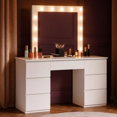 Masa de toaleta si machiaj, cu oglinda LED si 7 sertare, 132x43x152 cm, alb Household NewTrend