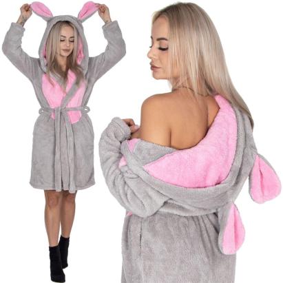 Halat de baie pentru femei pana la genunchi, gluga cu urechi , marimea L/M, gri si nuante de roz Household NewTrend