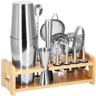 Set Cocktail Shaker Kit pentru barmani 750ml, KI11, suport bambus, 14 piese Household NewTrend