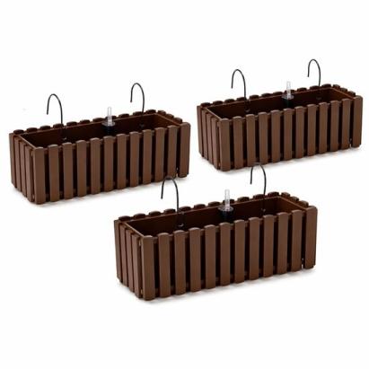 Set 3 jardiniere decorative cu suport metalic, sistem irigare,​​​​​​​ maro, 58x18x16.2 cm, Boardee Fencycase W GartenVIP DiyLine