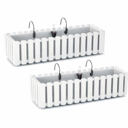 Set 2 jardiniere decorative cu suport metalic, sistem irigare,​​​​​​​ alb, 58x18x16.2 cm, Boardee Fencycase W GartenVIP DiyLine