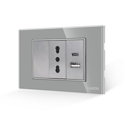 Intrerupator Simplu + Priza Ingusta si USB A+C cu Rama din Sticla LUXION, Standard Italian, 3M SmartElectro IntelligentHouse