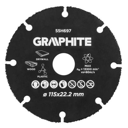 Disc de taiere din carbura de tungsten pentru lemn si plastic 115 x 22,2 mm GRAPHITE 55H697 HardWork ToolsRange