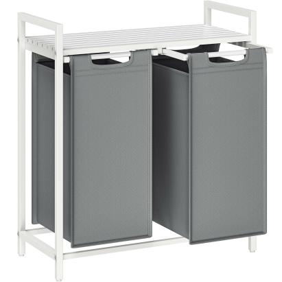 VASAGLE Cos de rufe, 2 compartimente, saci de rufe detasabili, raft, cadru metalic, 2x46L, 73x33x72 cm, alb si gri deschis Household NewTrend